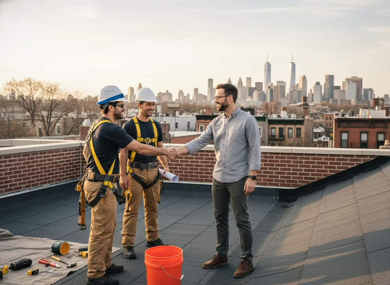 TipTop Roofing NYC team shaking hands with a homeowner after a successful project in New York