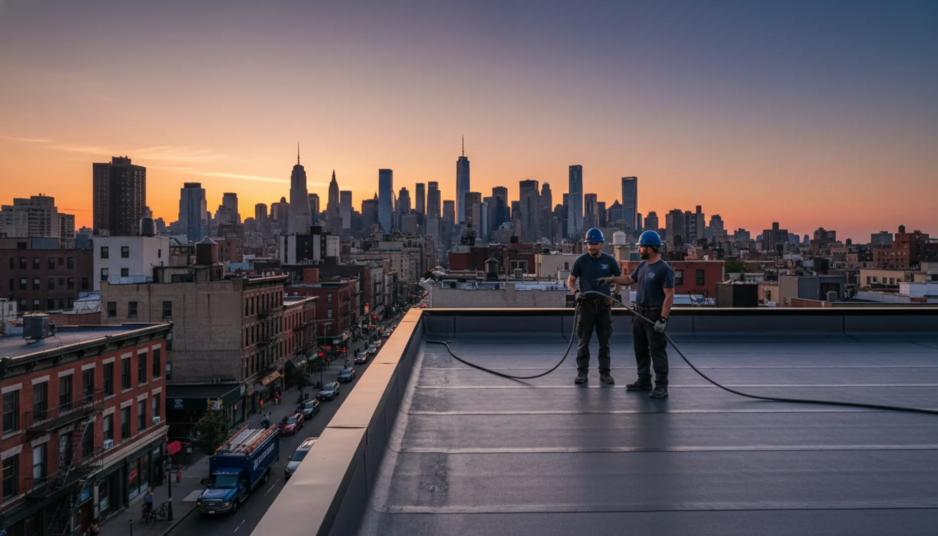 A clean, newly installed flat roof on a commercial building at sunset in Manhattan