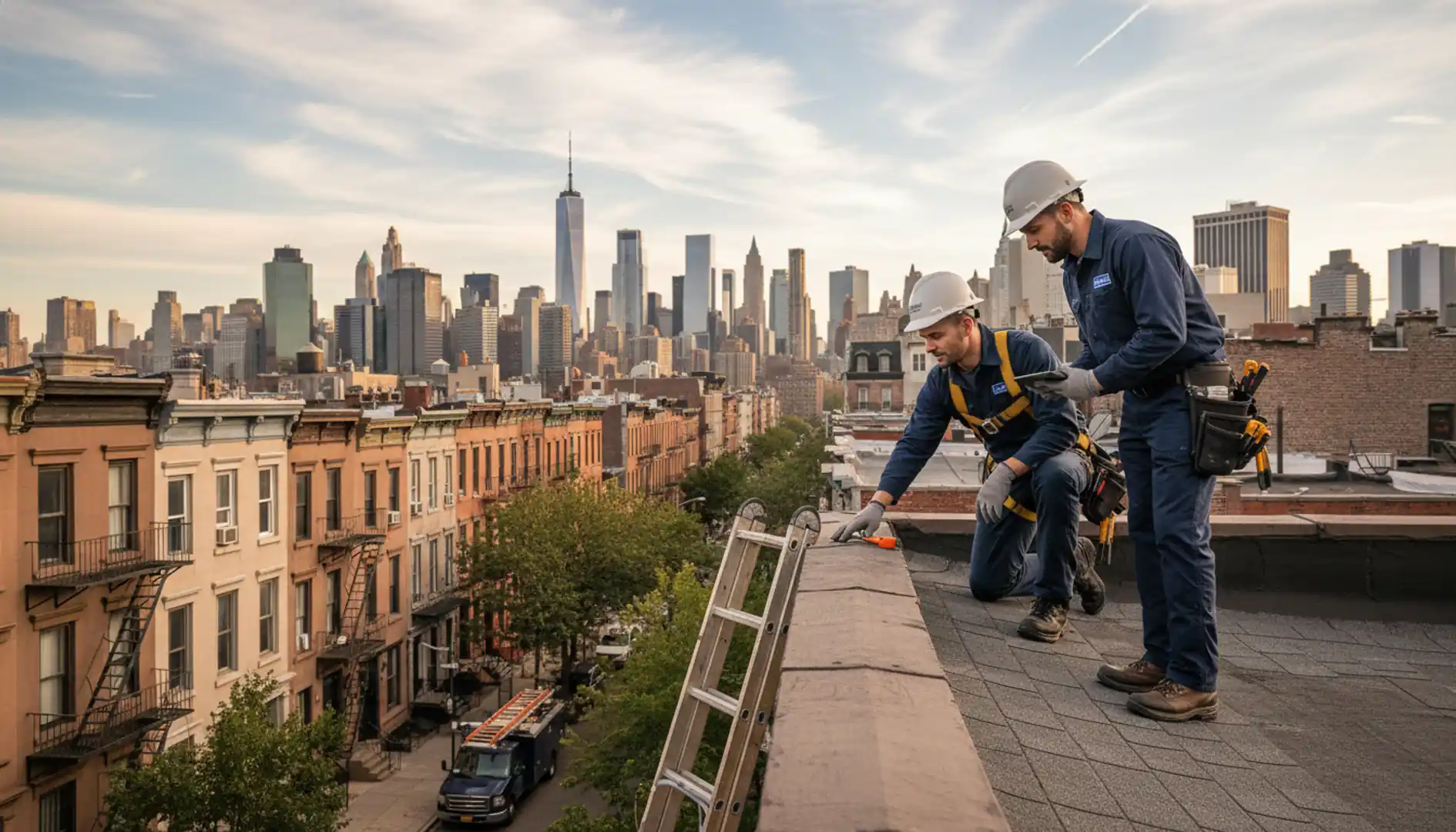 Roofers inspecting a residential roof in Brooklyn with the NYC skyline in the background