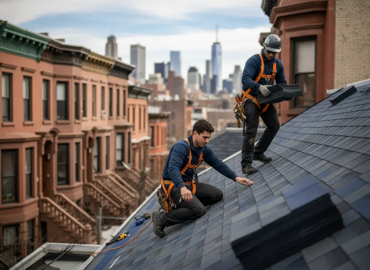 New shingle roofing being installed on a residential home in New York