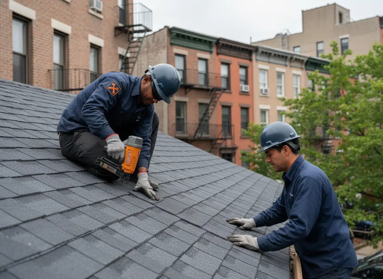 New shingle roofing being installed on a residential home in New York