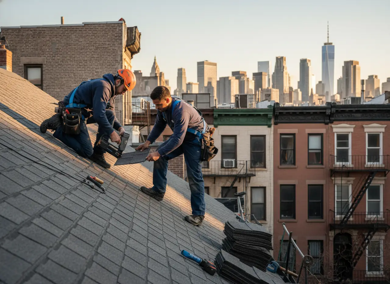 New shingle roofing being installed on a residential home in New York