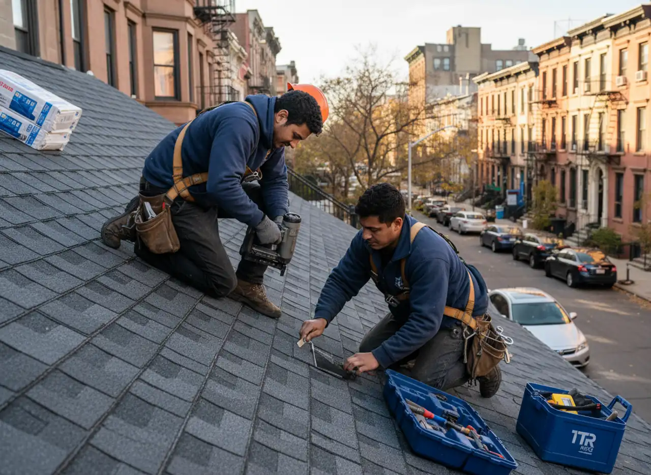 New shingle roofing being installed on a residential home in New York