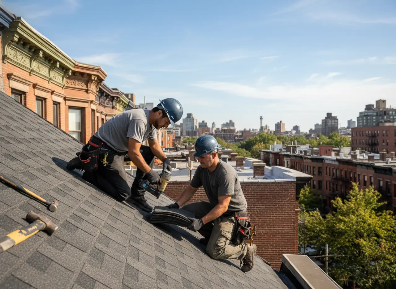 New shingle roofing being installed on a residential home in New York