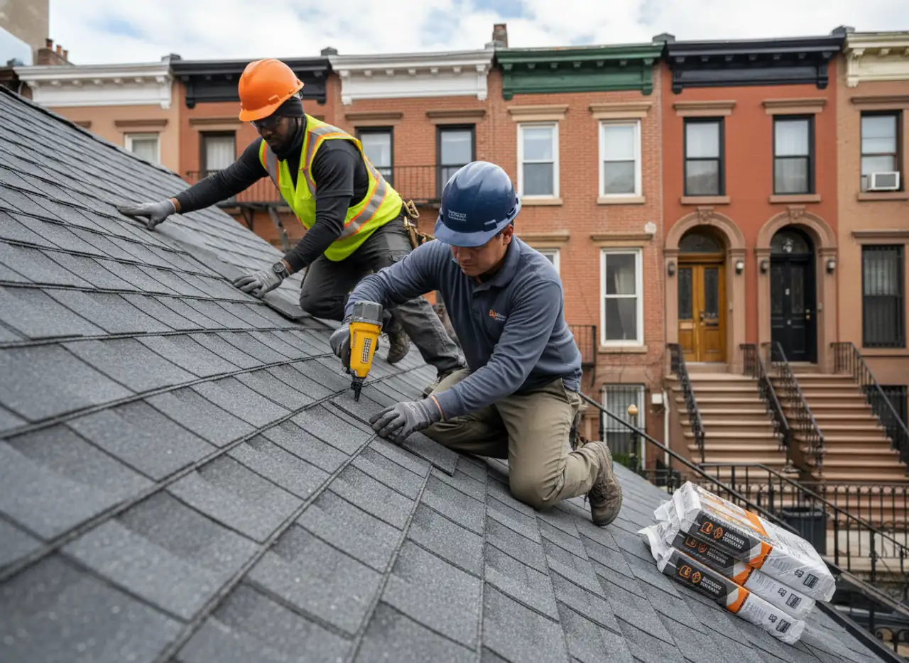 New shingle roofing being installed on a residential home in New York