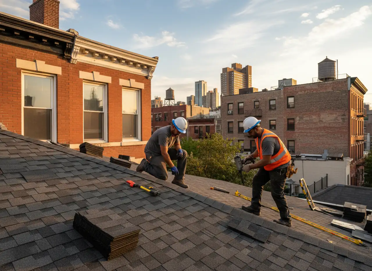 New shingle roofing being installed on a residential home in New York