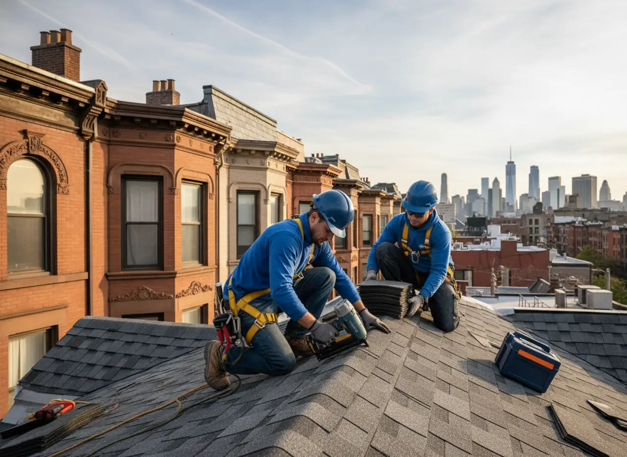 New shingle roofing being installed on a residential home in New York