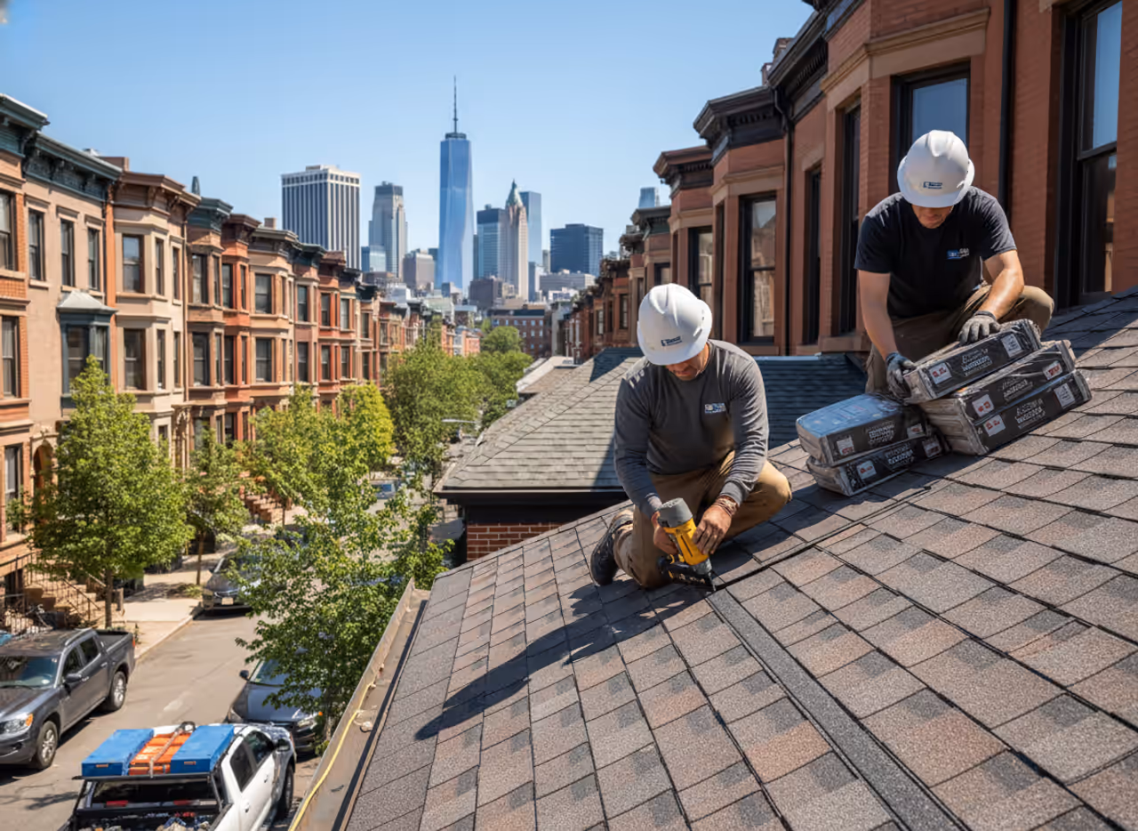 New shingle roofing being installed on a residential home in New York